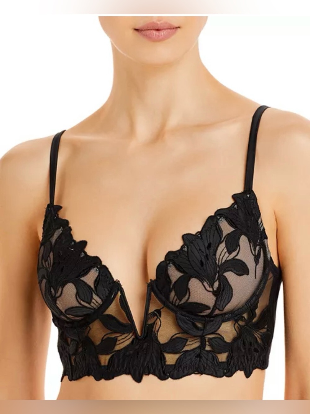 Fleur du Mal Lily Embroidery Longline Demi Bra Black 32DD NWT